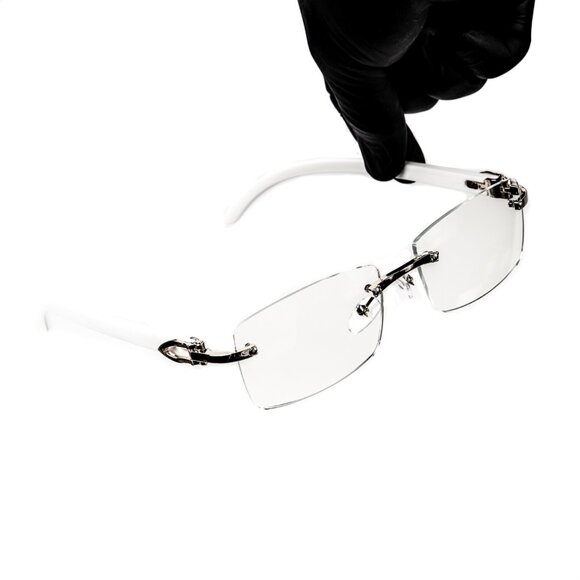 White Wood Grain Clear Lens Mens Silver Frame Rectangular Luxury Square Glasses - Picture 1 of 6